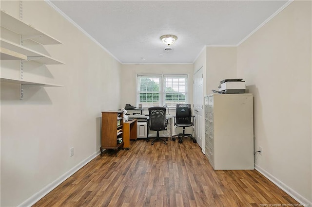 2547 Red Springs Rd, Raeford, NC 28376 - home office featuring ornamental molding, dark wood-type flooring, and baseboards