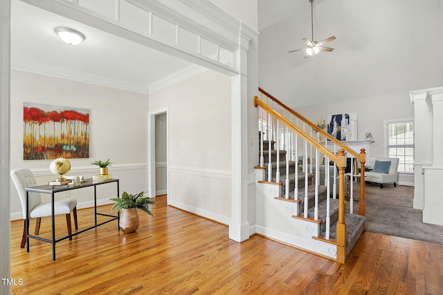 3020 Woods Walk Way, Rocky Mount, NC 27804 - staircase featuring wood finished floors, a ceiling fan, ornamental molding, and baseboards