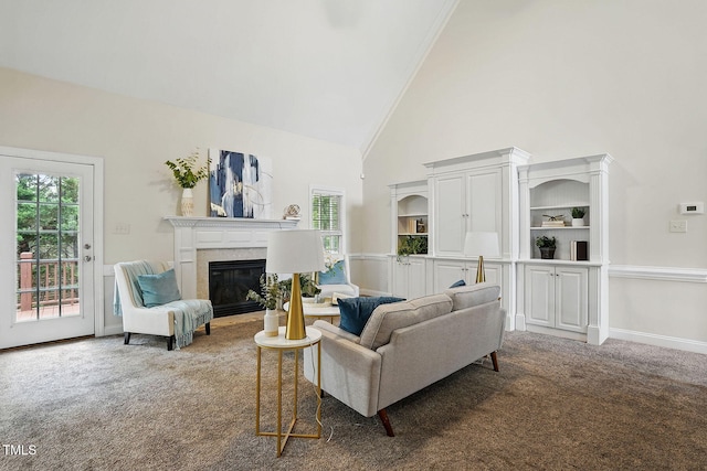 3020 Woods Walk Way, Rocky Mount, NC 27804 - living area with high vaulted ceiling, carpet, healthy amount of natural light, and a premium fireplace