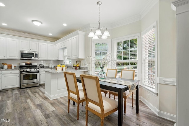 3020 Woods Walk Way, Rocky Mount, NC 27804 - kitchen with stainless steel appliances, healthy amount of natural light, a chandelier, light wood-style flooring, and crown molding