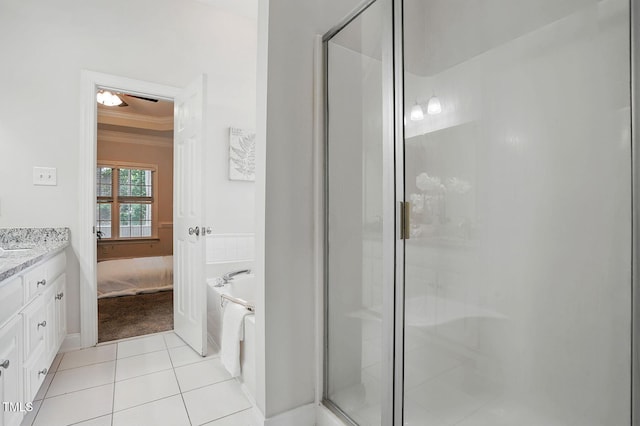 3020 Woods Walk Way, Rocky Mount, NC 27804 - bathroom featuring crown molding, a stall shower, a garden tub, vanity, and tile patterned flooring