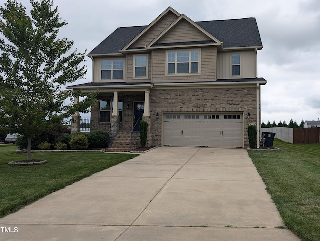 319 Brinkley Cir, Mebane, NC 27302 - craftsman-style house with a garage, brick siding, concrete driveway, and covered porch