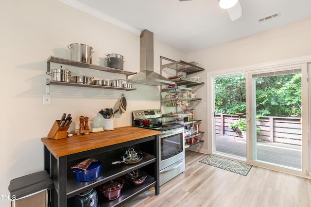 119 Danforth Dr, Cary, NC 27511 - bar featuring electric range, island range hood, a ceiling fan, light wood-type flooring, and ornamental molding