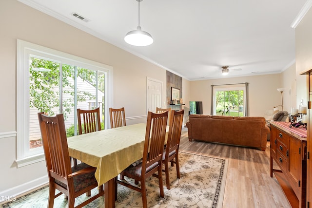 119 Danforth Dr, Cary, NC 27511 - dining room featuring light wood finished floors, ornamental molding, ceiling fan, and baseboards