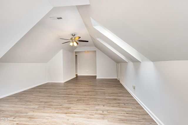 3306 Woodland Park Rd, Durham, NC 27703 - additional living space featuring vaulted ceiling, ceiling fan, wood finished floors, baseboards, and a skylight