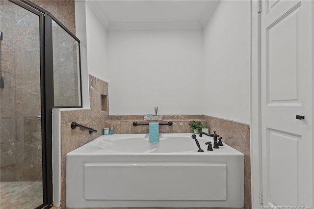123 Ellington St, Fayetteville, NC 28305 - bathroom with ornamental molding, a shower stall, and a bath