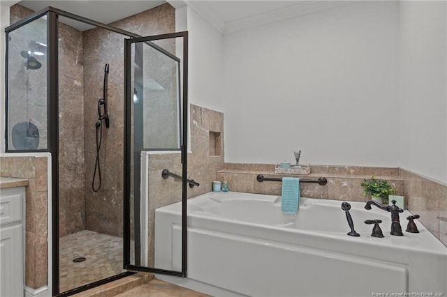 123 Ellington St, Fayetteville, NC 28305 - full bathroom featuring a bath, ornamental molding, a shower stall, and tile walls