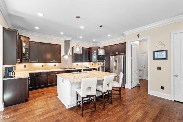 7552 Hasentree Club Dr, Wake Forest, NC 27587 - kitchen featuring a sink, stainless steel appliances, dark brown cabinets, wall chimney range hood, and backsplash