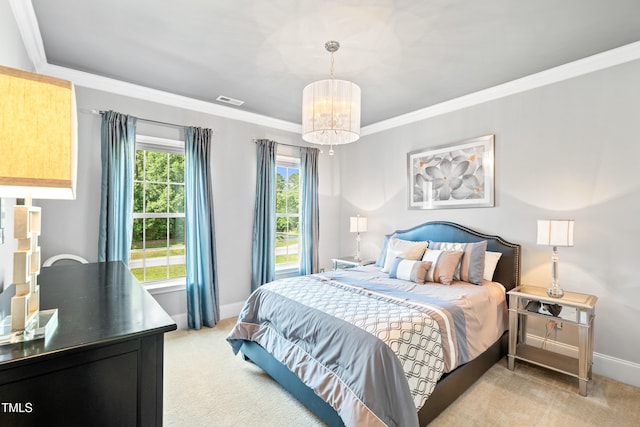 7552 Hasentree Club Dr, Wake Forest, NC 27587 - bedroom featuring light colored carpet, ornamental molding, baseboards, and a chandelier