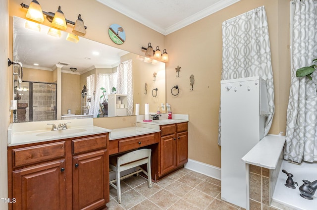 3304 Black Stallion Ct, Zebulon, NC 27597 - bathroom with ornamental molding, double vanity, and a tile shower
