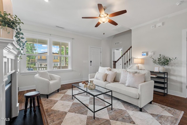 415 Dupree St, Durham, NC 27707 - living area with baseboards, stairway, a ceiling fan, wood finished floors, and ornamental molding