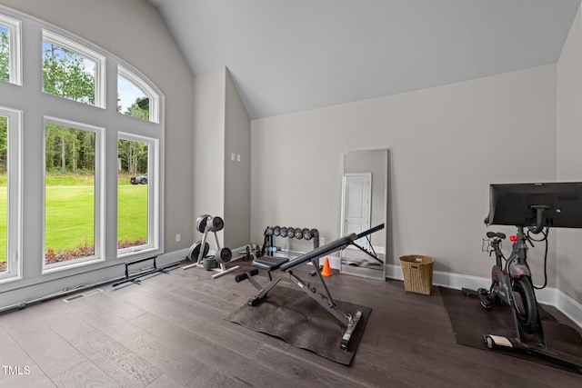 2220 Inwood Landing Ct, Raleigh, NC 27603 - exercise room featuring wood finished floors, vaulted ceiling, and baseboards