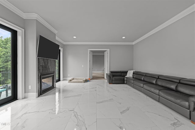 2220 Inwood Landing Ct, Raleigh, NC 27603 - living room with recessed lighting, a glass covered fireplace, baseboards, crown molding, and marble finish floors