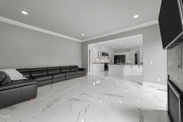 2220 Inwood Landing Ct, Raleigh, NC 27603 - living area with recessed lighting, ornamental molding, and light marble finish floors