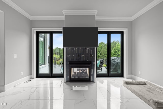 2220 Inwood Landing Ct, Raleigh, NC 27603 - living area featuring healthy amount of natural light, crown molding, baseboards, a multi sided fireplace, and marble finish floors