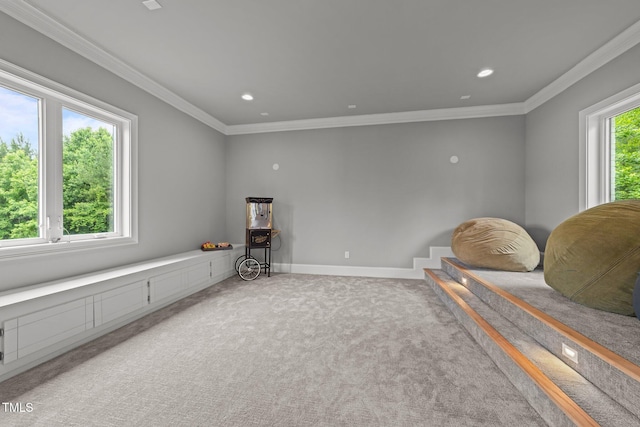 2220 Inwood Landing Ct, Raleigh, NC 27603 - living area with light carpet, ornamental molding, recessed lighting, and baseboards