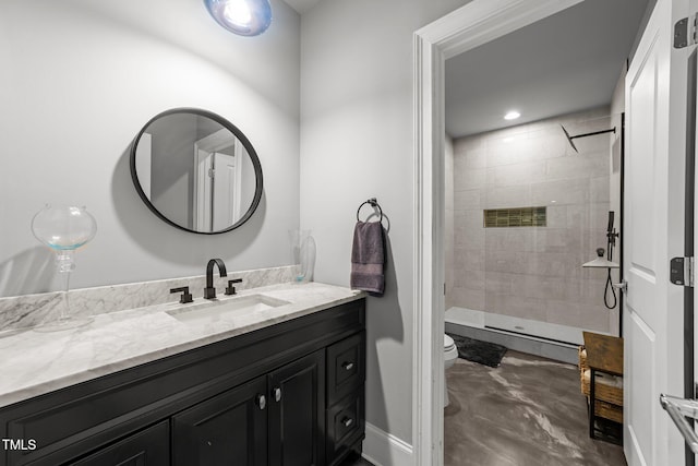 2220 Inwood Landing Ct, Raleigh, NC 27603 - full bathroom with toilet, vanity, tiled shower, and baseboards