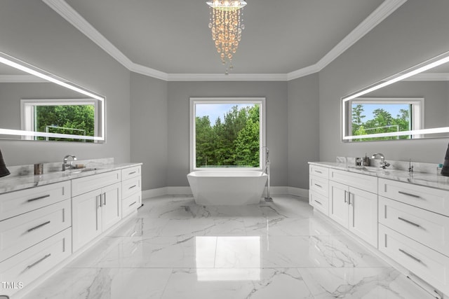 2220 Inwood Landing Ct, Raleigh, NC 27603 - full bathroom featuring vanity, baseboards, a soaking tub, crown molding, and a chandelier
