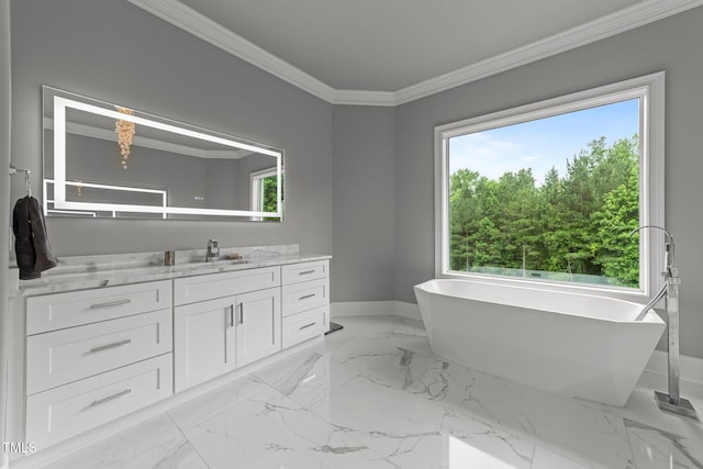 2220 Inwood Landing Ct, Raleigh, NC 27603 - full bath with vanity, baseboards, a soaking tub, ornamental molding, and plenty of natural light