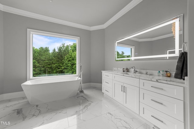 2220 Inwood Landing Ct, Raleigh, NC 27603 - full bathroom with vanity, a soaking tub, baseboards, ornamental molding, and marble finish flooring