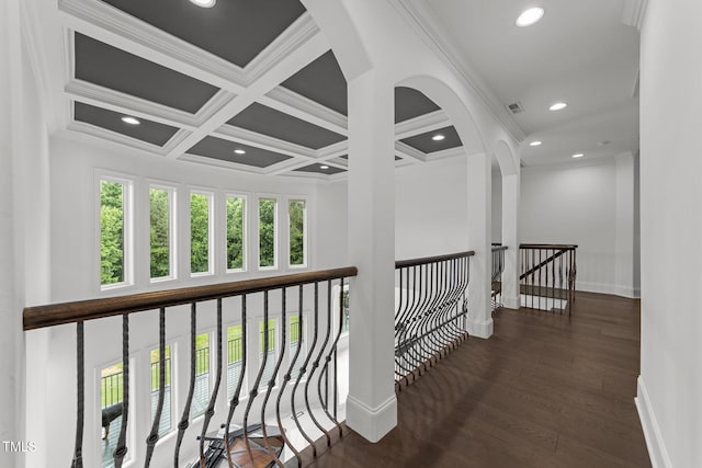 2220 Inwood Landing Ct, Raleigh, NC 27603 - hall featuring crown molding, baseboards, recessed lighting, an upstairs landing, and wood finished floors