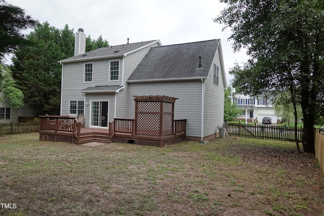 114 Calebra Way, Cary, NC 27519 - back of property with a wooden deck, a shingled roof, a pergola, and a chimney
