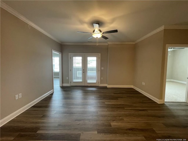 240 Gallery Dr Unit 301, Spring Lake, NC 28390 - empty room featuring ceiling fan, dark wood finished floors, french doors, baseboards, and ornamental molding