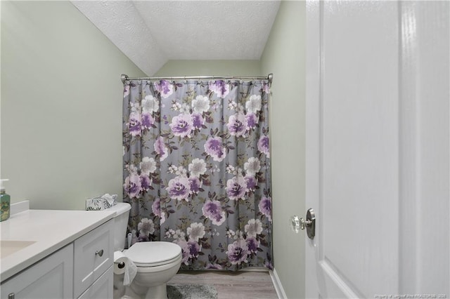 5387 Clubhouse Ln, Hope Mills, NC 28348 - bathroom featuring wood finished floors, vanity, toilet, vaulted ceiling, and a textured ceiling