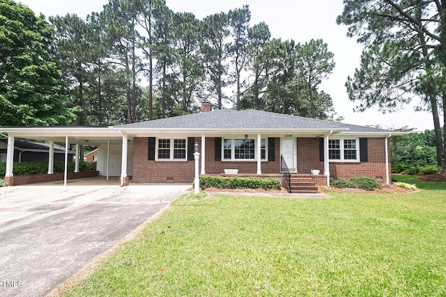 205 N Augusta Ave, Benson, NC 27504 - ranch-style home featuring driveway, a chimney, an attached carport, a front lawn, and brick siding