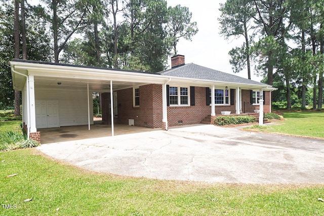 205 N Augusta Ave, Benson, NC 27504 - single story home featuring driveway, a chimney, an attached carport, brick siding, and a front yard