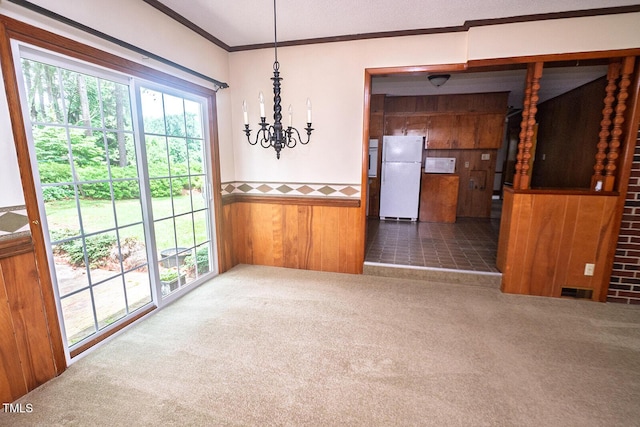 205 N Augusta Ave, Benson, NC 27504 - carpeted spare room with crown molding, a chandelier, wainscoting, and wooden walls