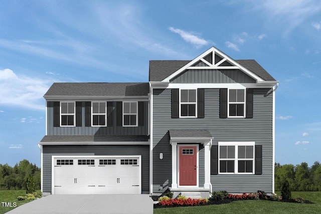 220 Gianna Dr, Lillington, NC 27546 - view of front of property with board and batten siding, an attached garage, driveway, roof with shingles, and a front yard