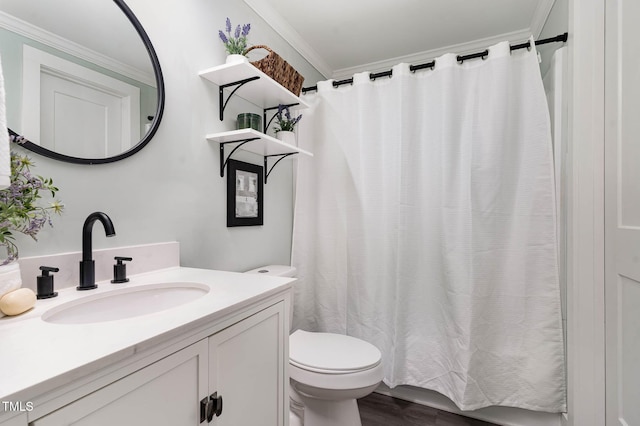 110 Taylors Pond Dr, Cary, NC 27511 - bathroom featuring vanity, crown molding, curtained shower, and wood finished floors