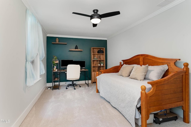 110 Taylors Pond Dr, Cary, NC 27511 - carpeted bedroom with crown molding, a desk, and a ceiling fan