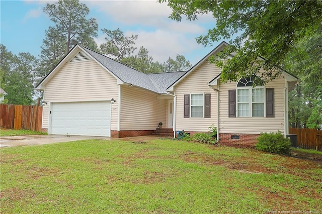 119 Proclamation Dr, Raeford, NC 28376 - single story home with a garage, concrete driveway, crawl space, and a shingled roof