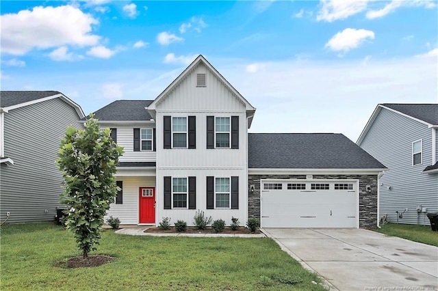 1664 Seattle Slew Ln, Hope Mills, NC 28348 - view of front of home featuring board and batten siding, driveway, an attached garage, a front lawn, and a shingled roof