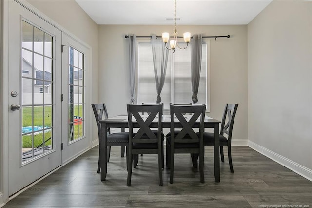 1664 Seattle Slew Ln, Hope Mills, NC 28348 - dining space featuring a chandelier, dark wood-style flooring, and baseboards