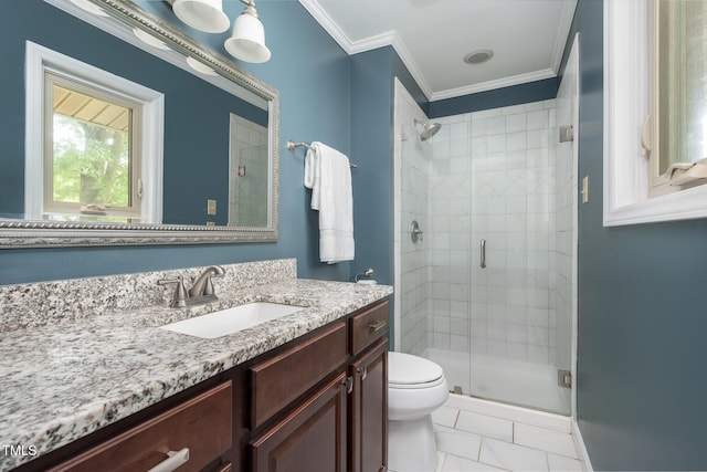 1822 Routh Rd, Burlington, NC 27217 - bathroom featuring a stall shower, toilet, vanity, and ornamental molding