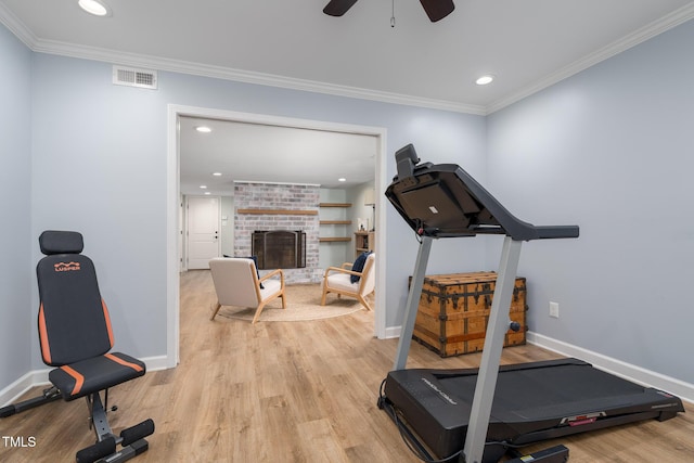 1822 Routh Rd, Burlington, NC 27217 - exercise room featuring light wood finished floors, ceiling fan, baseboards, crown molding, and recessed lighting
