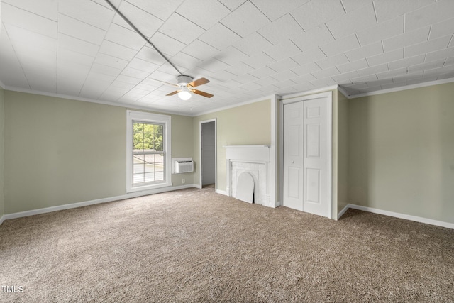 2527 Ossipee Front St, Elon, NC 27244 - unfurnished bedroom with ornamental molding, carpet, baseboards, a wall mounted AC, and a closet