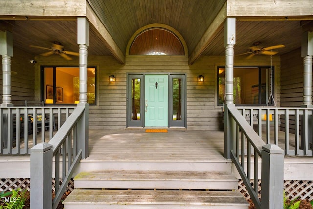 8821 Oconee Ct, Chapel Hill, NC 27516 - entrance to property with covered porch and a ceiling fan