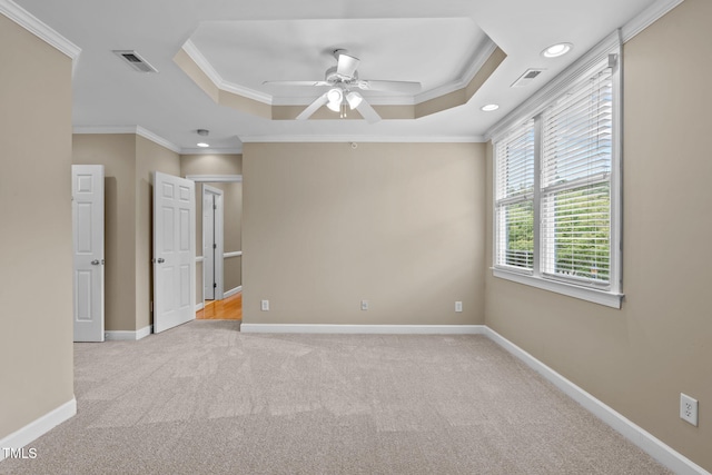 201 Presque Isle Ln, Chapel Hill, NC 27514 - unfurnished room featuring a tray ceiling, ornamental molding, ceiling fan, light carpet, and recessed lighting