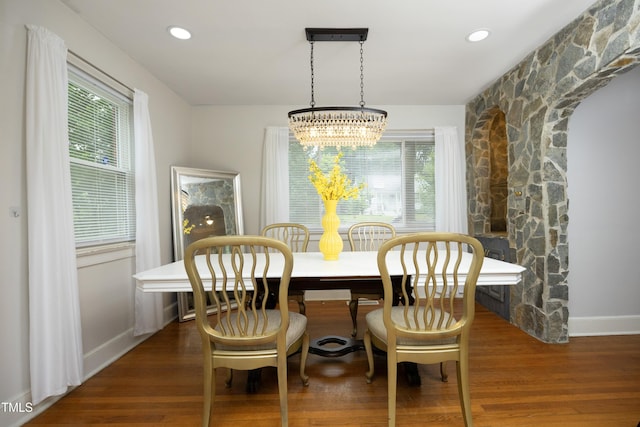 106 E Club Blvd, Durham, NC 27704 - dining area featuring baseboards, a chandelier, plenty of natural light, wood finished floors, and recessed lighting