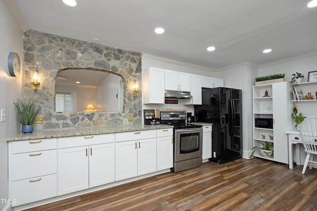 106 E Club Blvd, Durham, NC 27704 - kitchen with black appliances, open shelves, under cabinet range hood, white cabinets, and dark wood-style flooring
