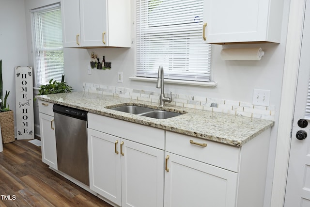 106 E Club Blvd, Durham, NC 27704 - kitchen with dishwasher, a sink, dark wood-type flooring, white cabinetry, and light stone counters