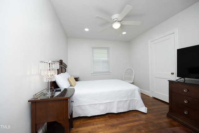 106 E Club Blvd, Durham, NC 27704 - bedroom with dark wood-style floors, recessed lighting, and a ceiling fan