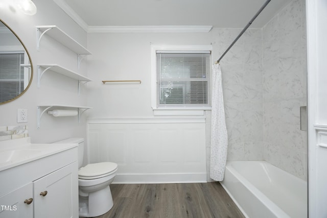 106 E Club Blvd, Durham, NC 27704 - bathroom with vanity, crown molding, wood finished floors, shower / bath combo, and toilet