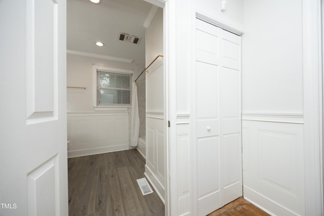 106 E Club Blvd, Durham, NC 27704 - corridor with a decorative wall, ornamental molding, wainscoting, wood finished floors, and recessed lighting