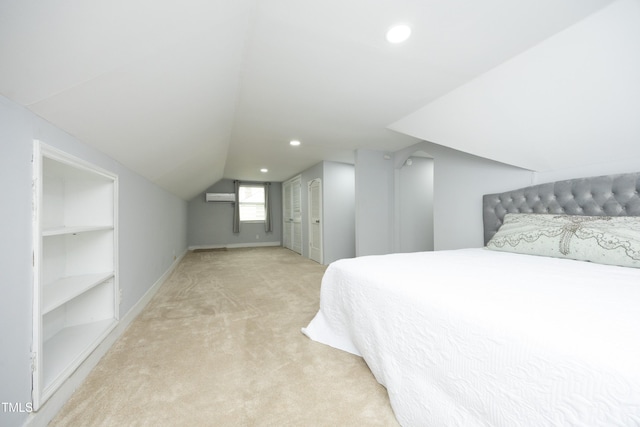 106 E Club Blvd, Durham, NC 27704 - bedroom featuring light carpet, lofted ceiling, recessed lighting, an AC wall unit, and baseboards
