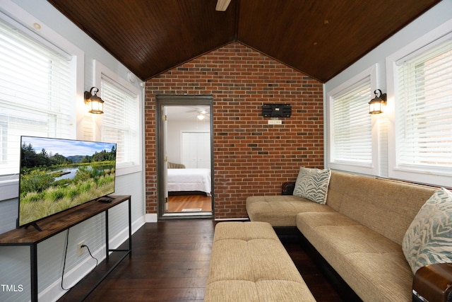 106 E Club Blvd, Durham, NC 27704 - living area with brick wall, wooden ceiling, ceiling fan, vaulted ceiling, and plenty of natural light